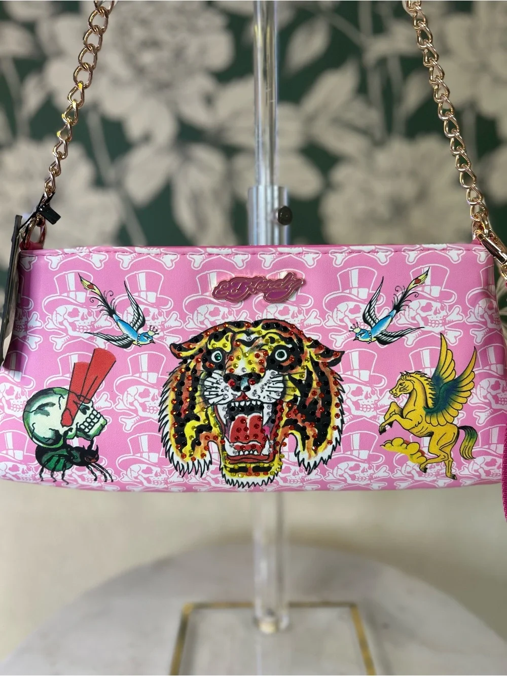 Ed Hardy Pink Shoulder Bag with Embroidered Tiger & Pegasus Motifs NWT
